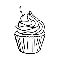 Cupcake with cherry on top. Thin line illustration.