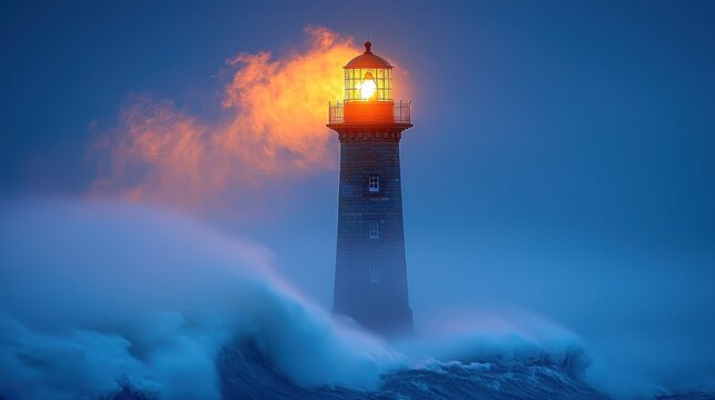 A solitary lighthouse, its beam cutting through the fog, stands proud against the dark ocean, guiding sailors safely to shore with its unwavering light in the midst of an ominous storm. 