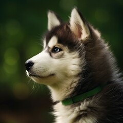 Obraz premium Profile portrait of a cute Alaskan Malamute puppy in nature. Alaskan Malamute pup portrait on a sunny summer day. Outdoor portrait of a beautiful young dog in summer field.