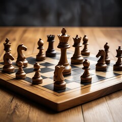 Chess Game in Progress on Wooden Board
