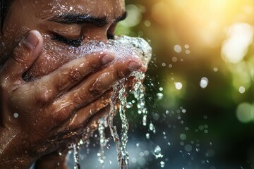 Fototapeta premium Refreshing skincare routine a person washing their face with cool water in nature's beautiful environment