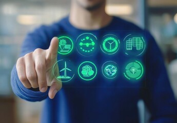 Close up of a person's hand interacting with a holographic interface displaying various icons related to sustainability, health, and technology. The