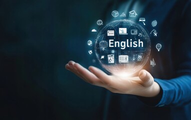 Person's hand displays a glowing orb with the word English and various communication icons. Dark blue background. Conceptual image