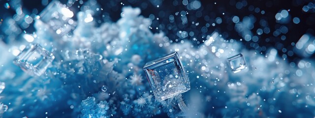 Blue sky with snowflakes and ice cubes