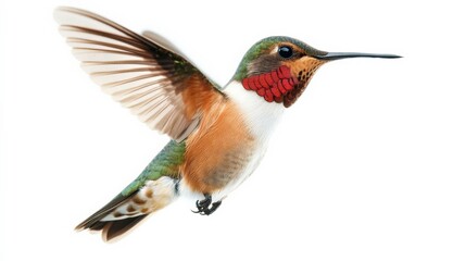 Fototapeta premium Hummingbird Hovering Near a Flower on White Background