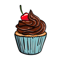 Delicious cupcakes with chocolate cream topping and red cherries
