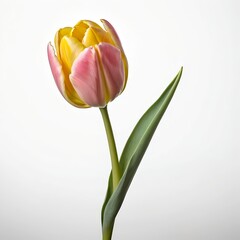 Obraz premium Single Yellow and Pink Tulip on White Background