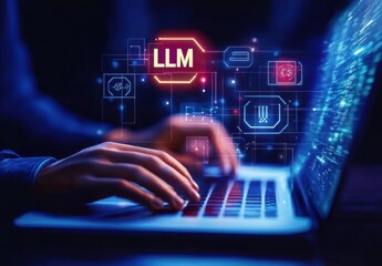 Person's hands typing on laptop keyboard, LLM text hologram above, dark background, blue and orange hues, technological concept, futuristic feel
