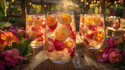 A tall glass of fruit punch, its bright colors and fresh fruit slices floating on top, offers a sweet and refreshing beverage perfect for a summer gathering. 