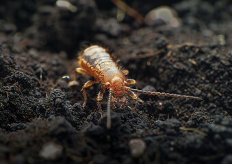 Close-up of an insect on dark, textured soil.