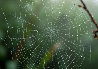 Obraz premium Early Morning Spider Web Sparkling with Dew in the Soft Dawn Light