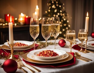 Festive Christmas Dinner Table Setting with Champagne