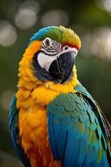 araffy colorful parrot with a blue and yellow feathers sitting on a branch