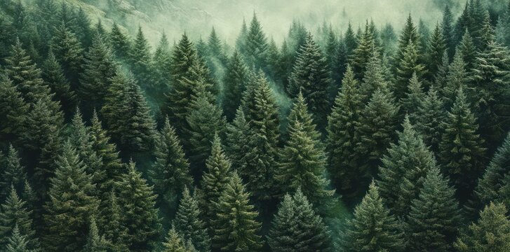 Misty mountain forest, aerial view, evergreen trees, nature background, eco-wallpaper