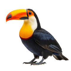 Fototapeta premium A black and yellow bird with a long beak stands on a white background