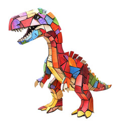 A colorful dinosaur made of wood and cardboard