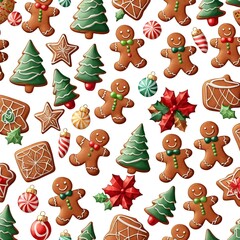 Seamless Pattern of Christmas Gingerbread Cookies and Decorations