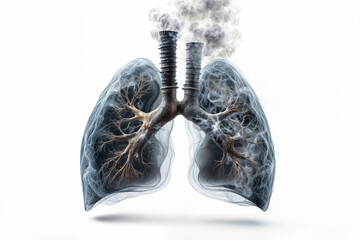 X-ray visualization of human lungs showing tobacco damage, dark veins visible through translucent tissue, smoking effects medical illustration