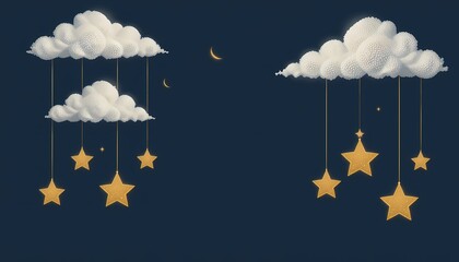 Sweet Dreams, Hanging Clouds and Stars, Cute illustration of clouds and stars for kids' room decor.