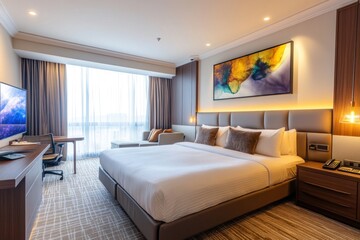 A well furnished luxurious bedroom interior with large windows