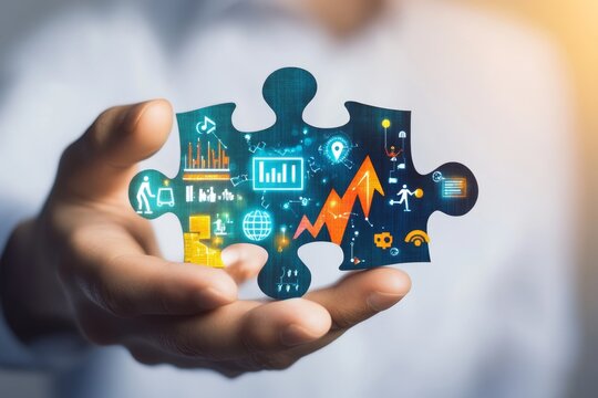 Hand holding a glowing puzzle piece with business icons.
