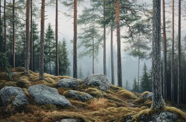 Misty pine forest, rocks, autumn, nature background, scenic wallpaper