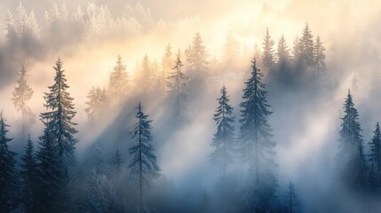 Misty sunrise mountain forest, scenic winter landscape, tranquil nature