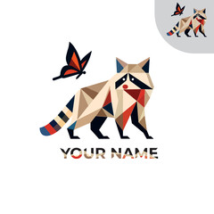 Geometric Raccoon Logo with Butterfly – Modern Polygonal Wildlife Desig © DWR_GRAPHIC