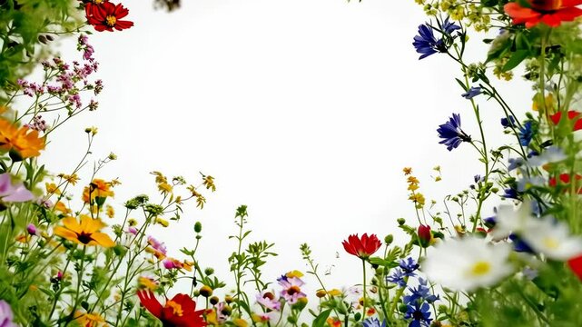 Colorful wildflower meadow in full bloom frames a bright white sky on a sunny day
