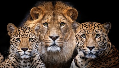 Fototapeta premium portrait lion tiger and leopard together on a black background