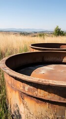 Fototapeta premium Rusty Metal Tanks in Rural Landscape Summer Day