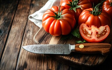 Juicy Red Tomatoes on Rustic Wooden Board with Knife
