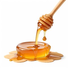 Honey Pouring from Wooden Dipper onto Honeycomb