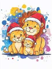 Naklejka premium Watercolor lion family Christmas illustration cute cubs Santa hat animal wildlife clipart hand drawn holiday winter season parent child group sitting festive cheerful expression art print fun cozy