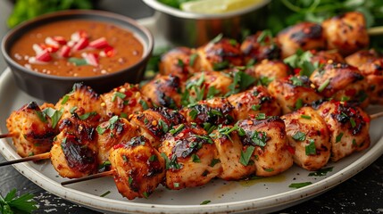 Fototapeta premium Indonesian satay chicken skewers peanut sauce neatly arranged on white plate zoomed out food shot