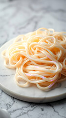 Fresh homemade noodles on white marble board, floured fresh noodles, created by generative ai