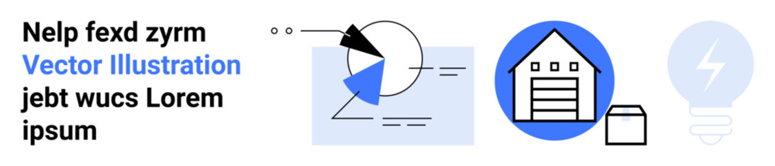Pie chart with segments next to house icons and light bulb for energy, housing analytics. Ideal for technology, real estate, energy efficiency, business, statistics, smart homes, simple landing page