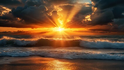 Dramatic sunset over ocean waves on sandy beach (4)