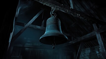 Obraz premium Ancient bell hangs in dark church attic; night scene