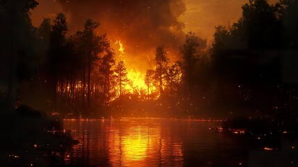 A fiery forest blaze reflected on the calm water surface at dusk