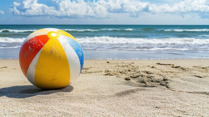 Obraz premium Colorful Beach Ball on Shore with Ocean Waves Background