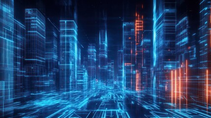 Fototapeta premium Futuristic city street view, digital lines, vibrant colors, night scene, background for technology concept