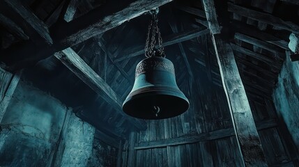 Obraz premium Ancient church bell hanging, dark wooden interior, low light