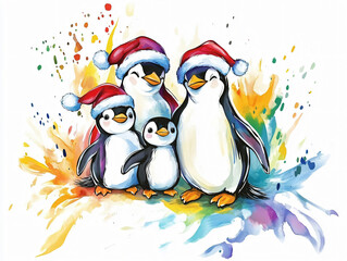 Obraz premium Watercolor penguin family wearing Santa hat Christmas holiday clipart hand drawn cute illustration winter festive animal group red snow white background adorable bird cartoon seasonal art cozy