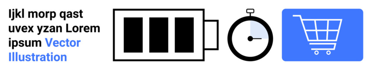 Battery with three bars, stopwatch with black dial, and blue shopping cart. Ideal for e-commerce, technology, time management, productivity, energy, digital apps simple landing page