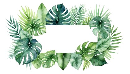 Naklejka premium Tropical Watercolor Leaf Border with White Space