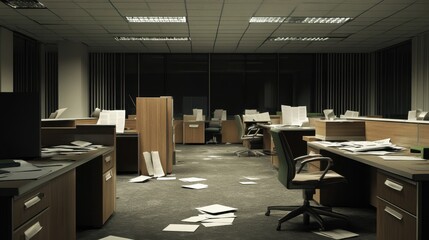 Disorganized Office Space with Messy Paperwork and Empty Desks