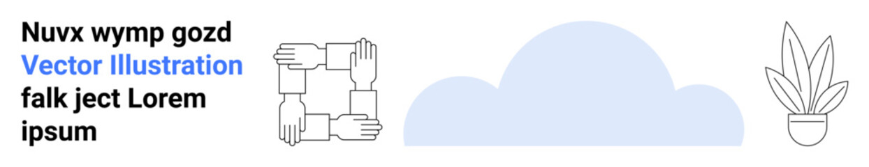 Interlocked hands symbolizing unity, a minimalist cloud denoting connectivity, and a potted plant signifying growth. Ideal for collaboration, technology, nature, innovation, teamwork, sustainability