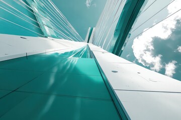 Fototapeta premium Modern bridge architecture, city view, teal glass, sky