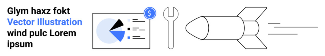 Rocket symbolizing growth paired with analytics dashboard, a wrench for tools and innovation. Ideal for business, technology, data analysis, startups, finance, innovation, simple landing page